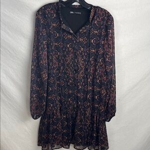 Zara Women's Long Sleeve Dress with Black and purple Ruffle drop waist medium